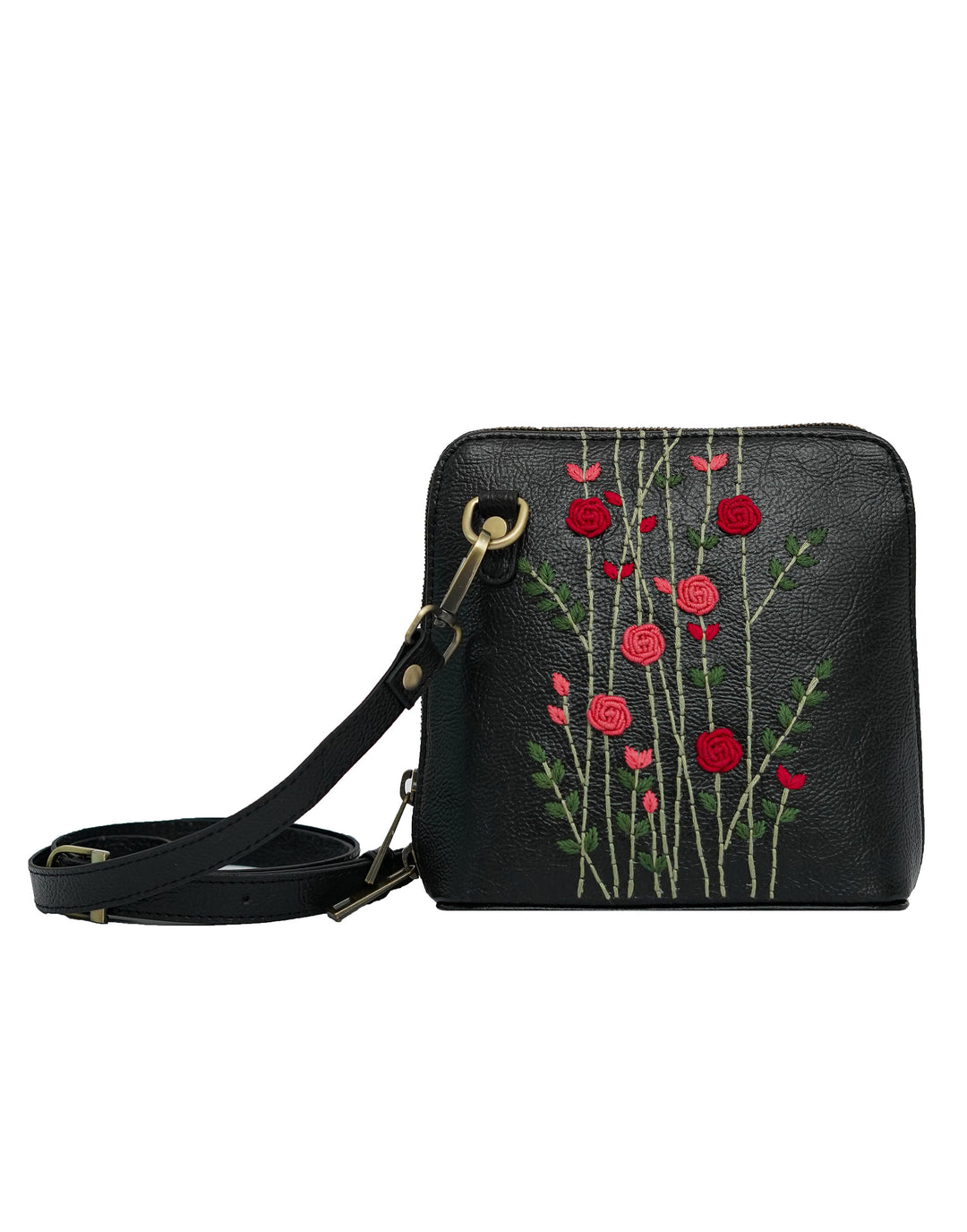 Hand Embroidered Red Rosebuds Venice Sling Bag