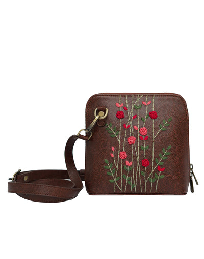Hand Embroidered Red Rosebuds Venice Sling Bag