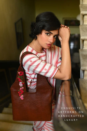 Buy Brown Hand Embroidered Vegan Leather Sling Bag Online at