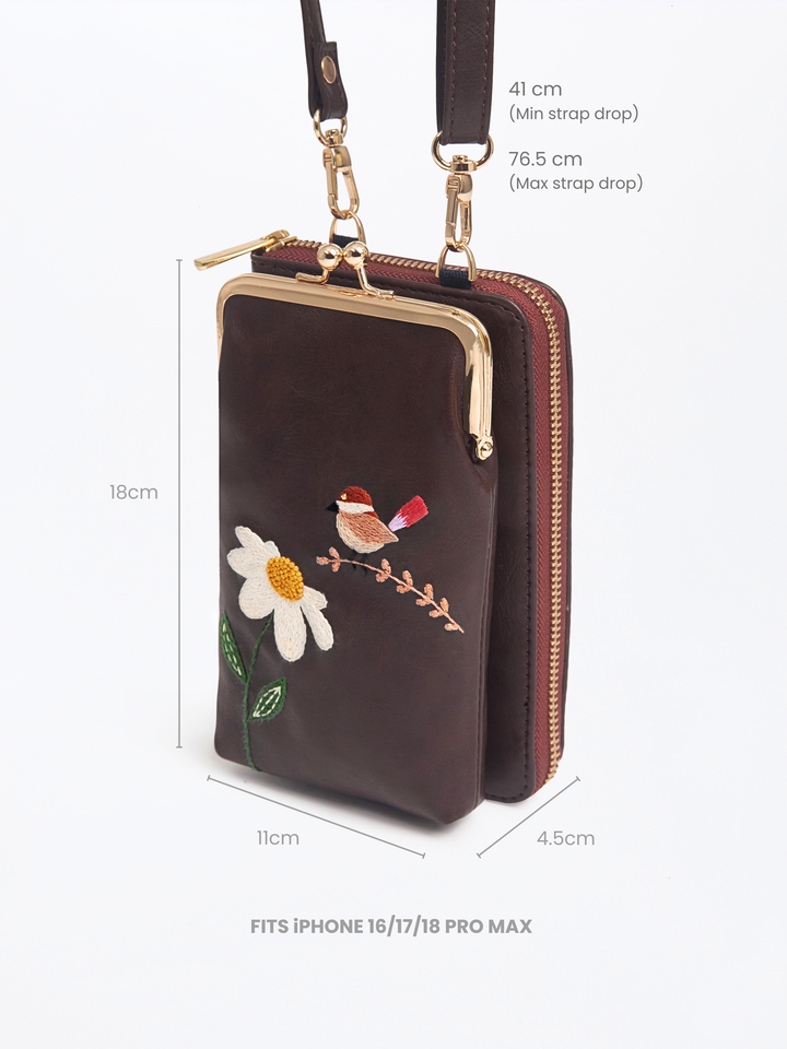 Hand Embroidered Chirpy Bloom Mobile cum Wallet Sling