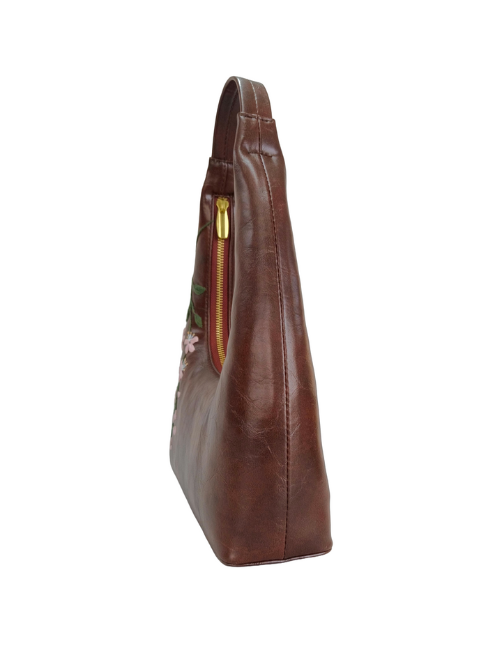 Cherry Blossoms Hand Embroidered Shoulder Bag - Brown