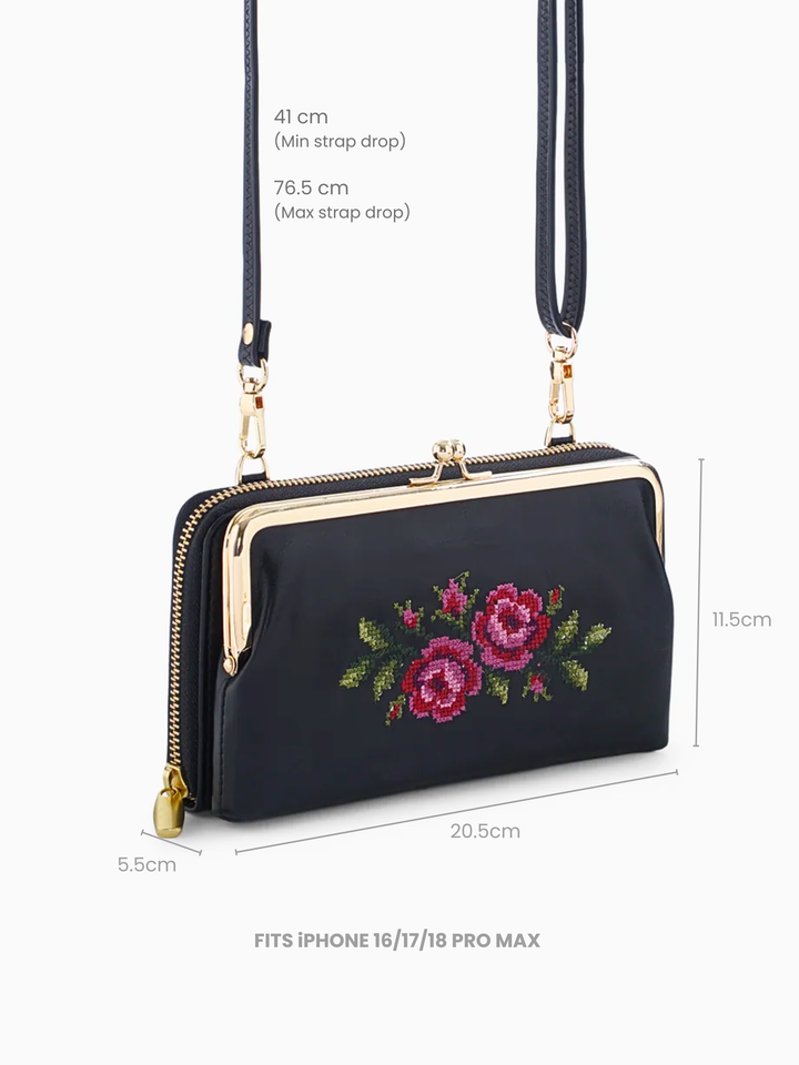Coonoor Dream Cross Stitched Mobile Wallet Sling - Black
