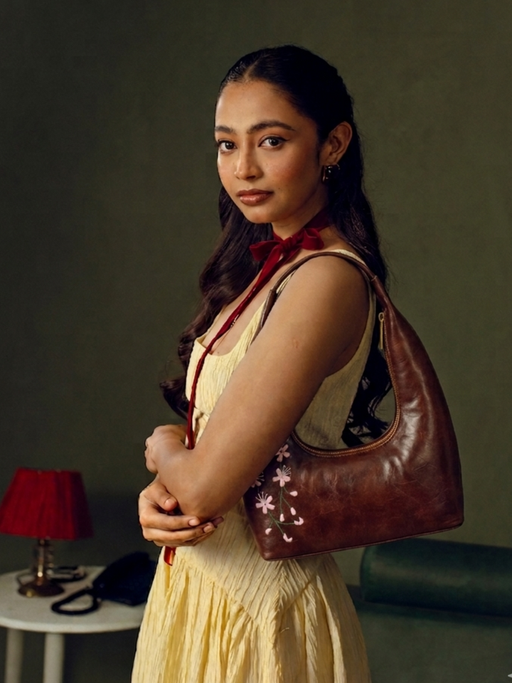 Cherry Blossoms Hand Embroidered Shoulder Bag - Brown