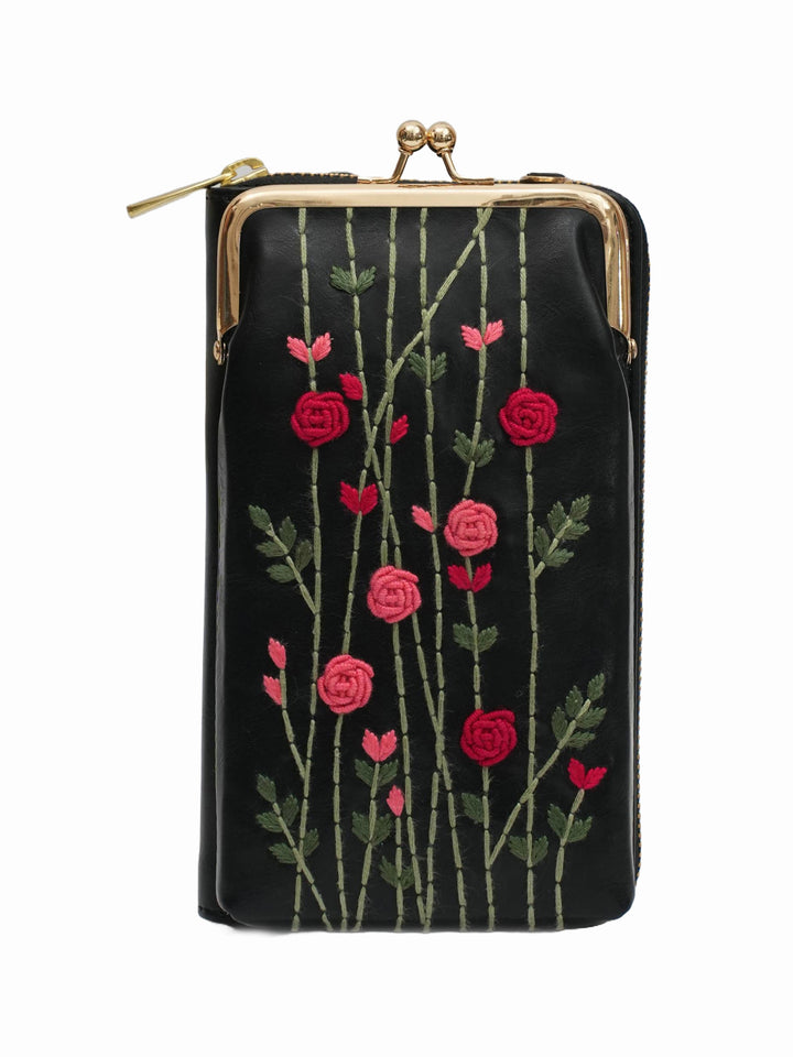 Red Rosebuds Hand Embroidered Mobile Sling - Black