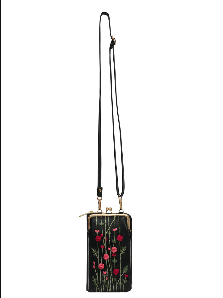 Red Rosebuds Hand Embroidered Mobile Sling - Black