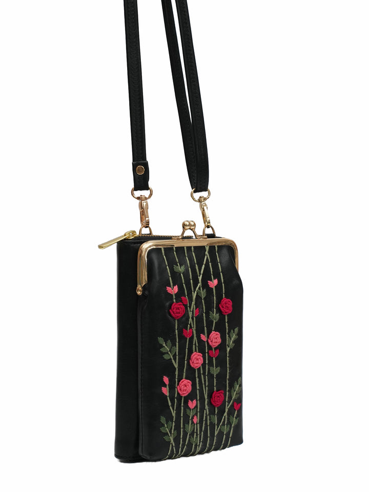 Red Rosebuds Hand Embroidered Mobile Sling - Black