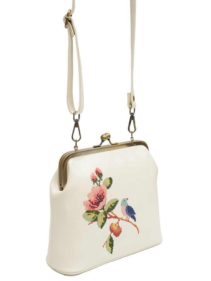 Morning Melody Cross Stitched Kisslock Clutch - White