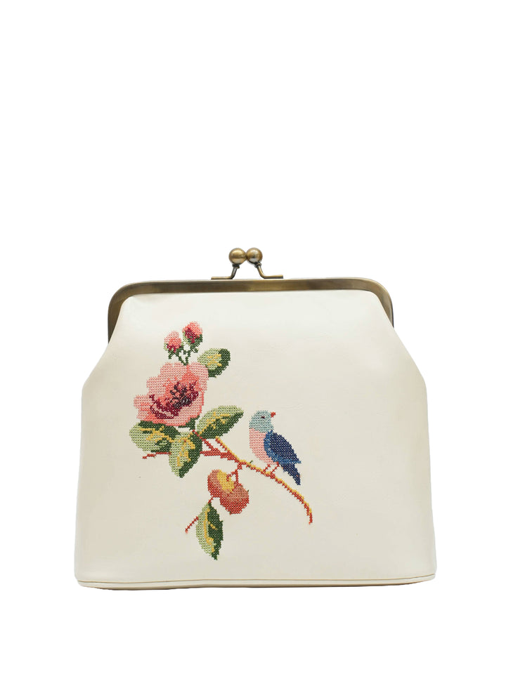 Morning Melody Cross Stitched Kisslock Clutch - White