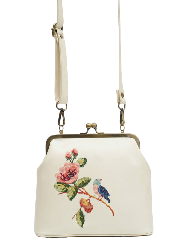 Morning Melody Cross Stitched Kisslock Clutch - White