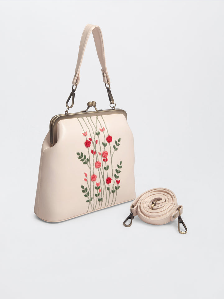 Ivory Hand Embroidered Rosebuds Clutch