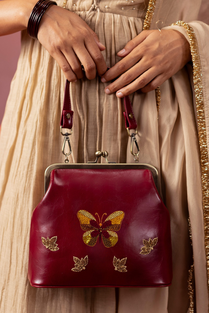 Butterfly - Hand Embroidered Vintage Clutch - Maroon