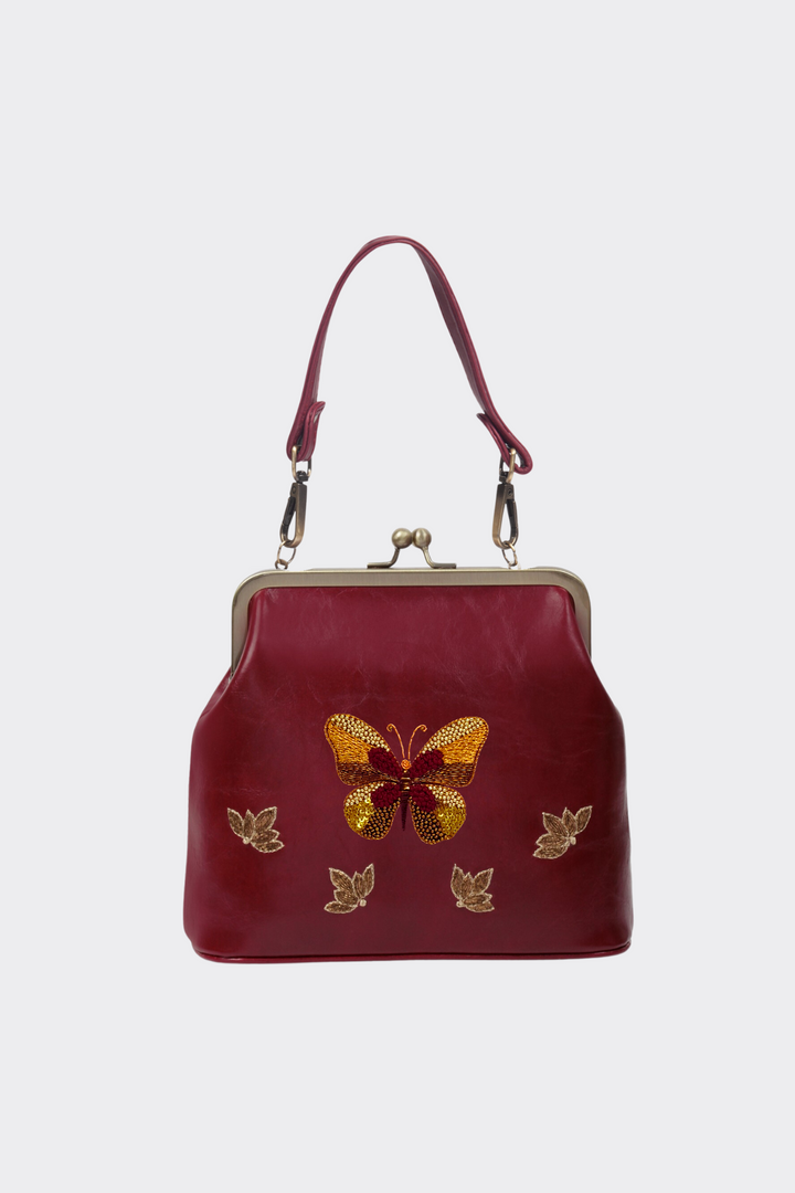 Butterfly - Hand Embroidered Vintage Clutch - Maroon
