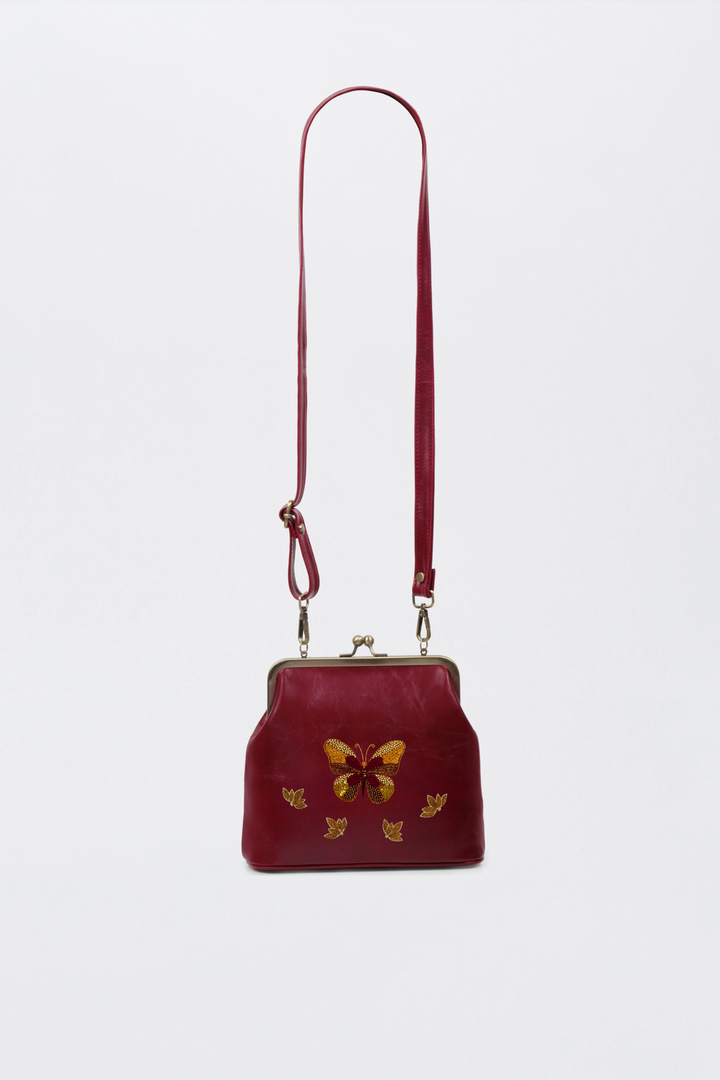 Butterfly - Hand Embroidered Vintage Clutch - Maroon