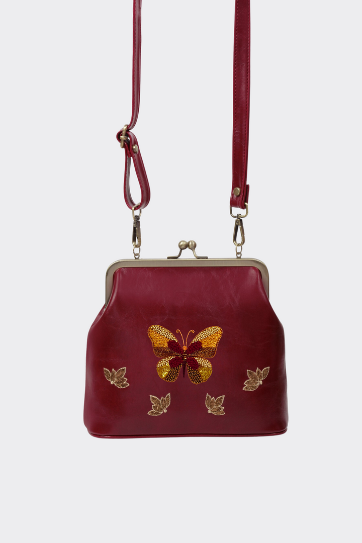 Butterfly - Hand Embroidered Vintage Clutch - Maroon