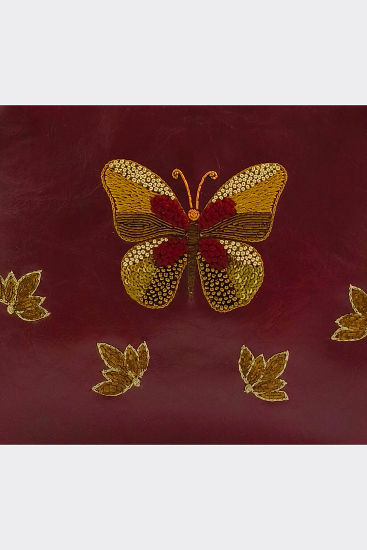 Butterfly - Hand Embroidered Vintage Clutch - Maroon