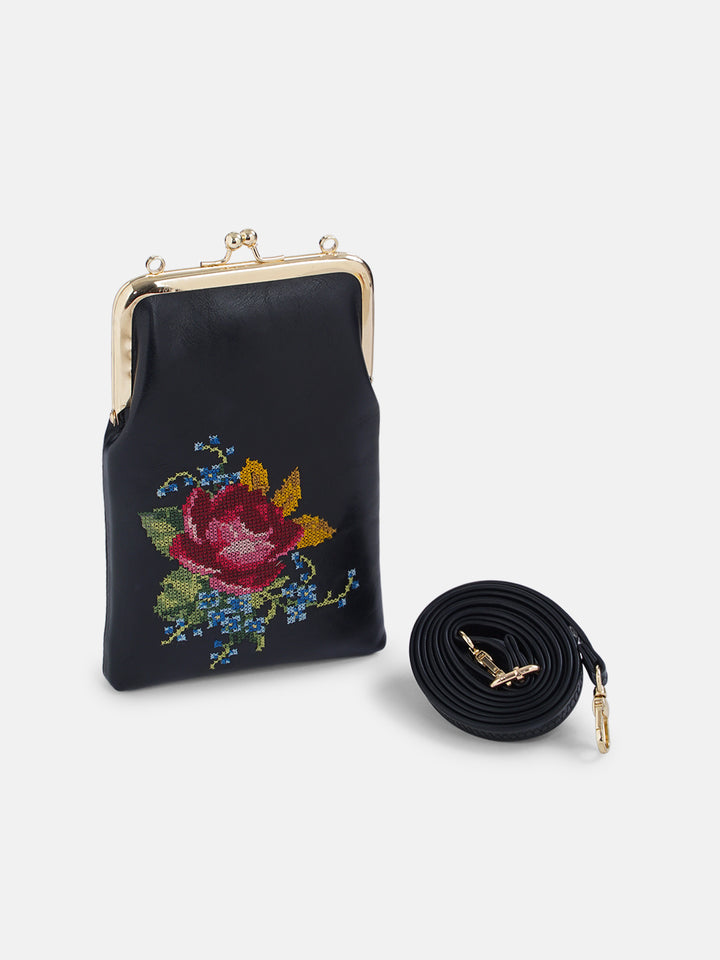 Nilgiri Dawn Cross Stitched Mobile Sling - Black