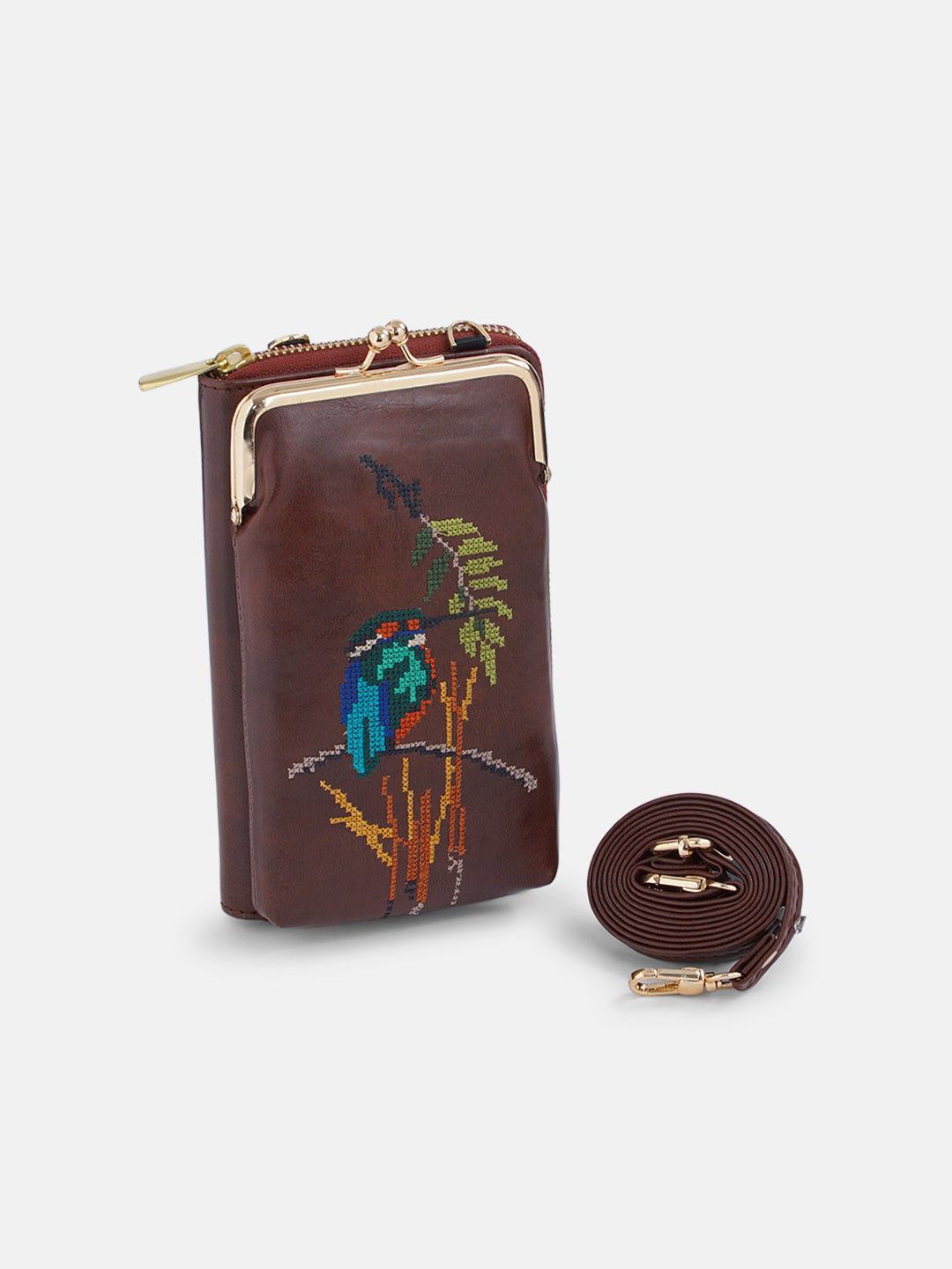 Emerald Perch Cross Stitched Mobile Wallet Sling - Brown