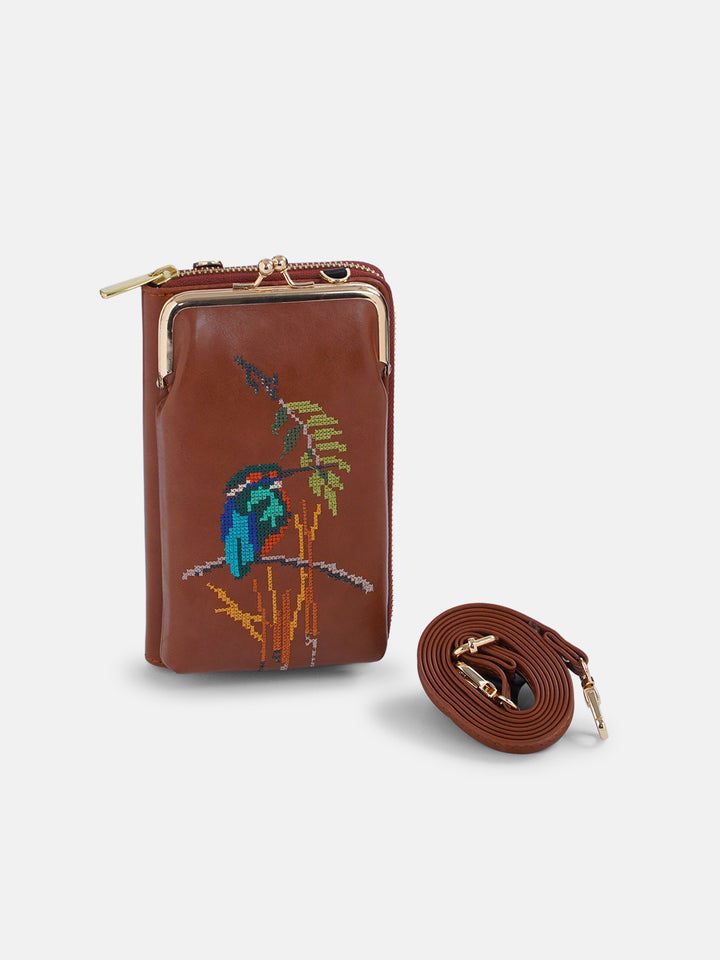 Emerald Perch Cross Stitched Mobile Wallet Sling - Tan