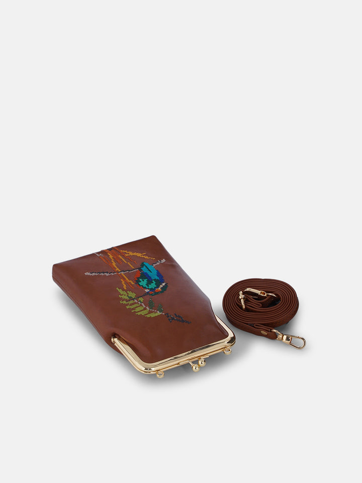 Emerald Perch Cross Stitched Mobile Sling - Tan