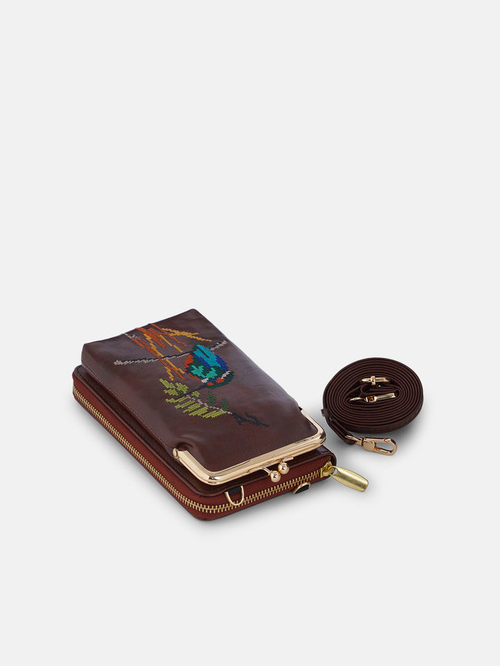 Emerald Perch Cross Stitched Mobile Wallet Sling - Brown