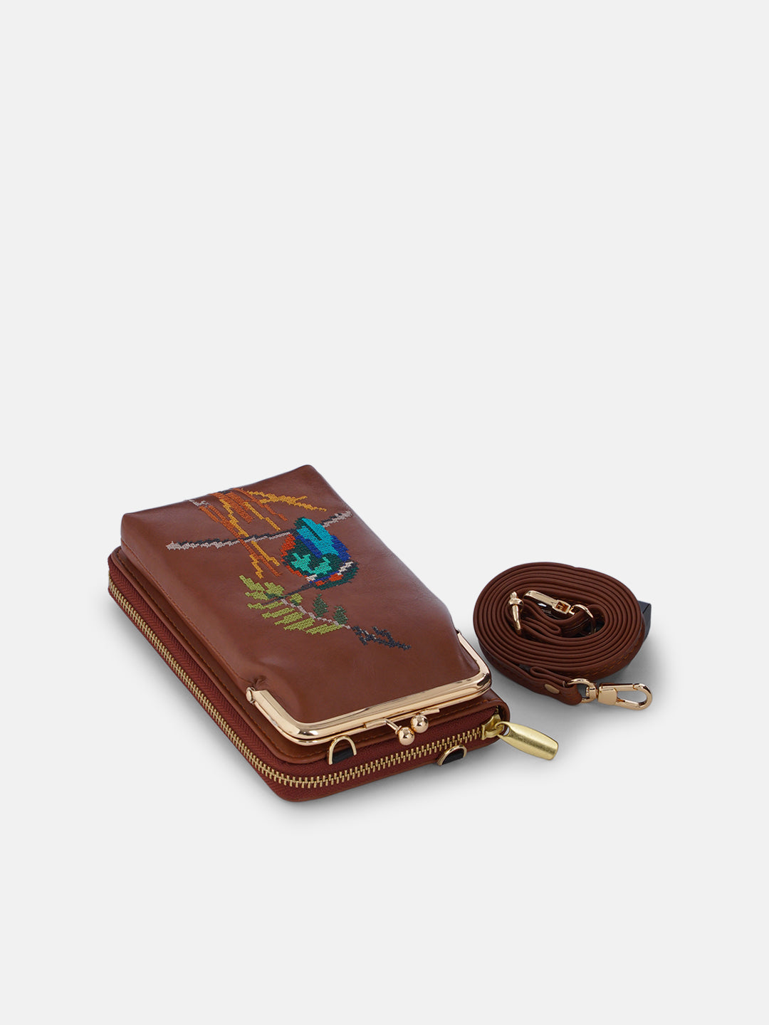Emerald Perch Cross Stitched Mobile Wallet Sling - Tan