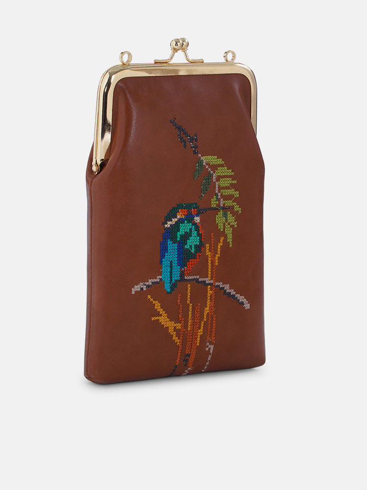 Emerald Perch Cross Stitched Mobile Sling - Tan