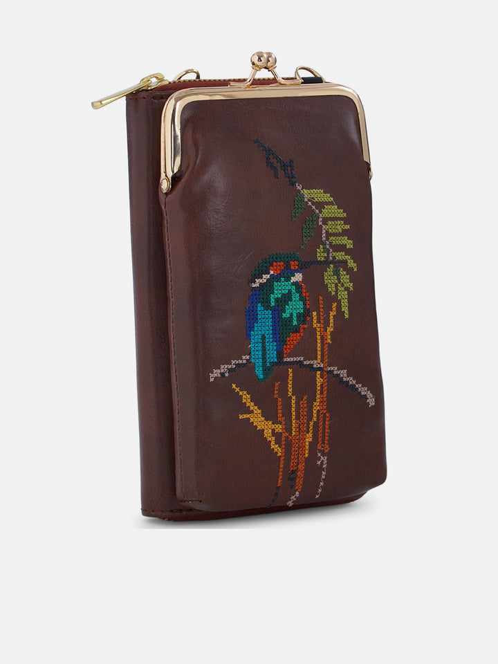 Emerald Perch Cross Stitched Mobile Wallet Sling - Brown