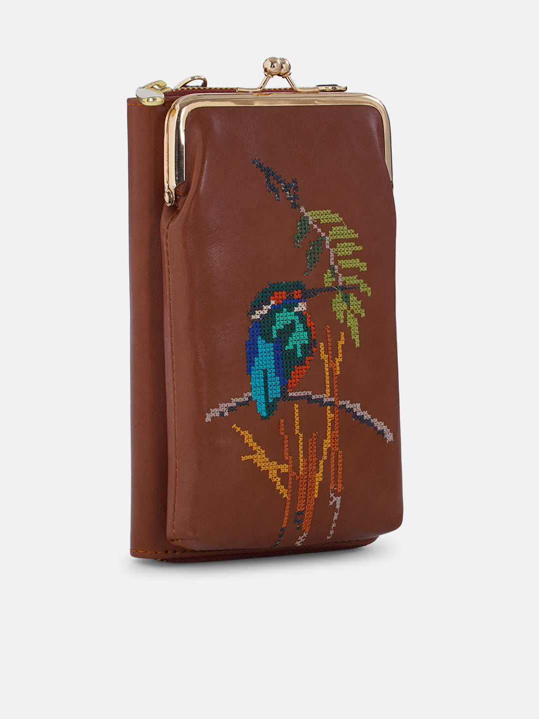 Emerald Perch Cross Stitched Mobile Wallet Sling - Tan