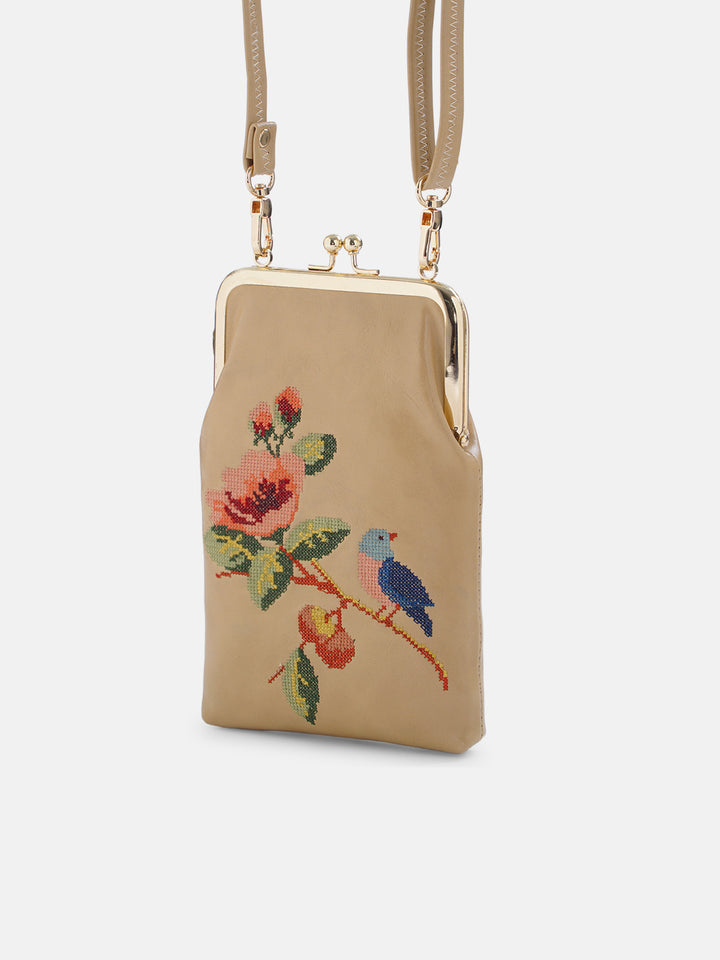 Morning Melody Cross Stitched Mobile Sling - Beige