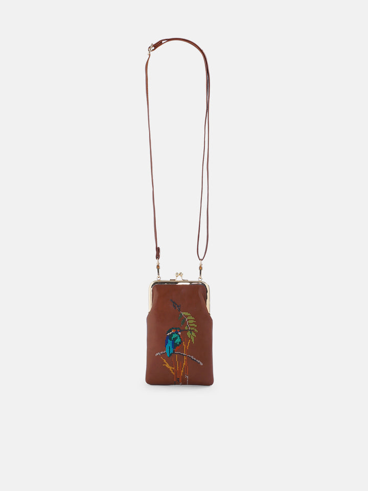 Emerald Perch Cross Stitched Mobile Sling - Tan