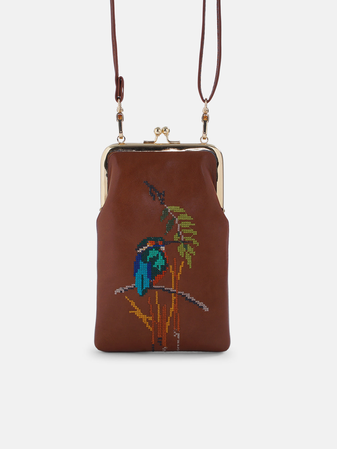 Emerald Perch Cross Stitched Mobile Sling - Tan