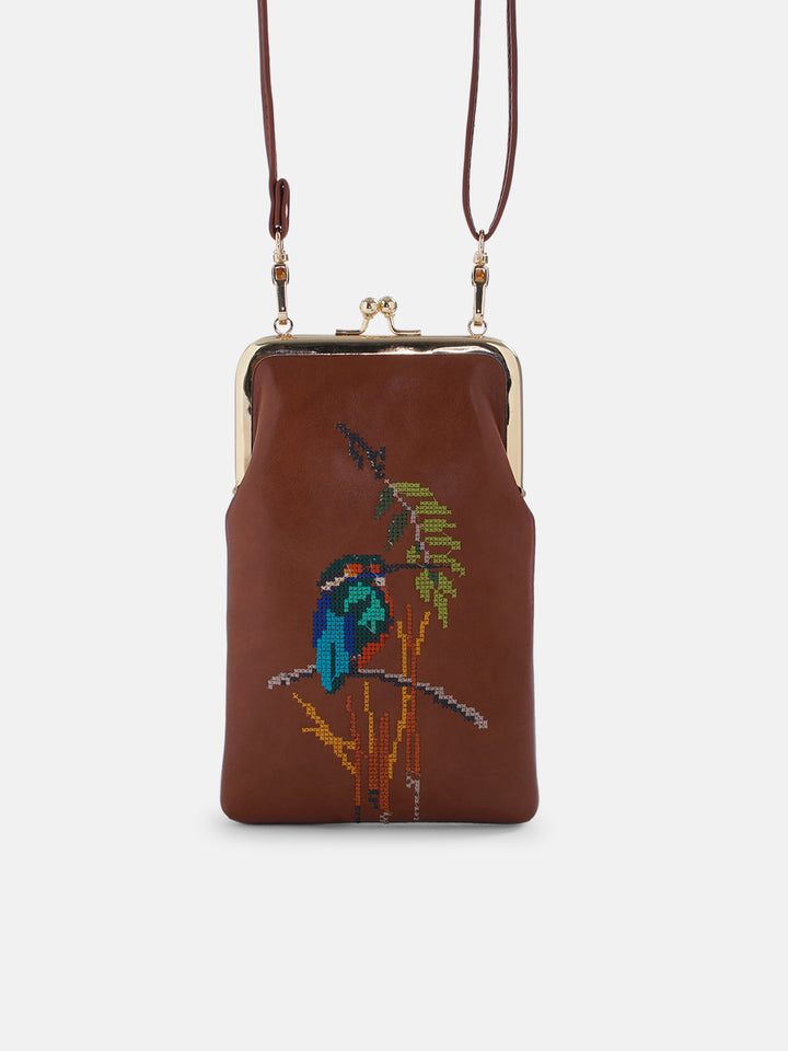 Emerald Perch Cross Stitched Mobile Sling - Tan