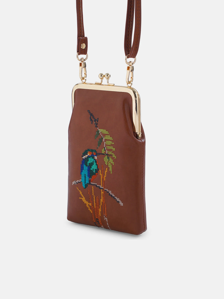 Emerald Perch Cross Stitched Mobile Sling - Tan