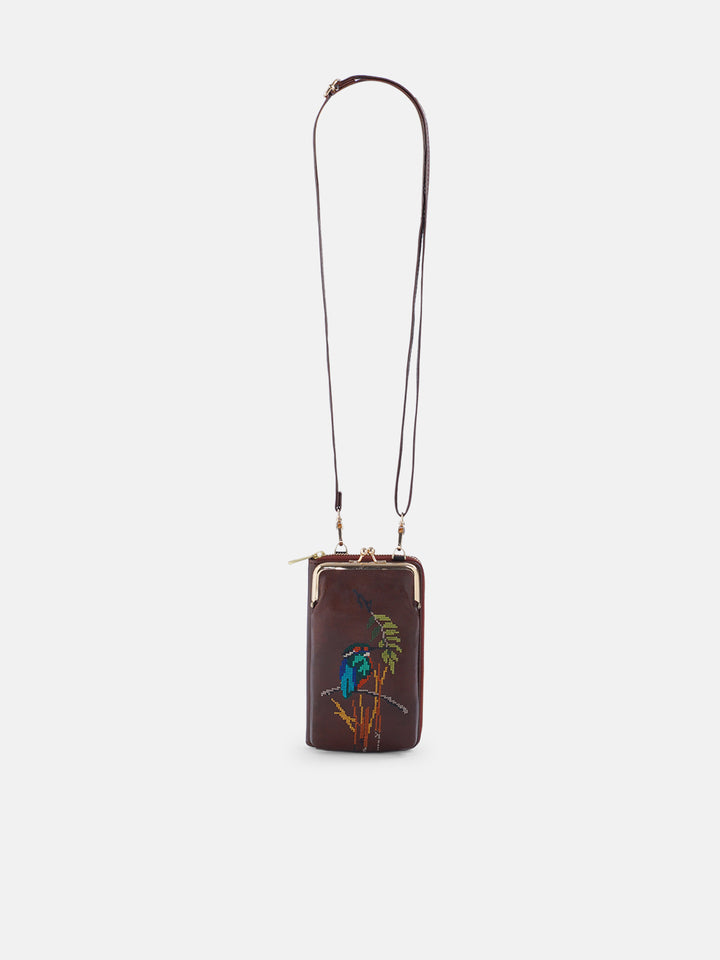 Emerald Perch Cross Stitched Mobile Wallet Sling - Brown