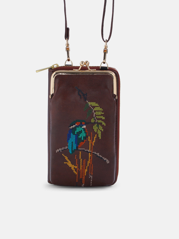 Emerald Perch Cross Stitched Mobile Wallet Sling - Brown