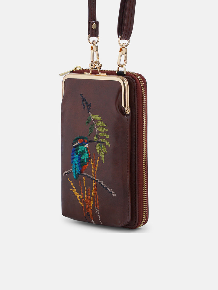 Emerald Perch Cross Stitched Mobile Wallet Sling - Brown