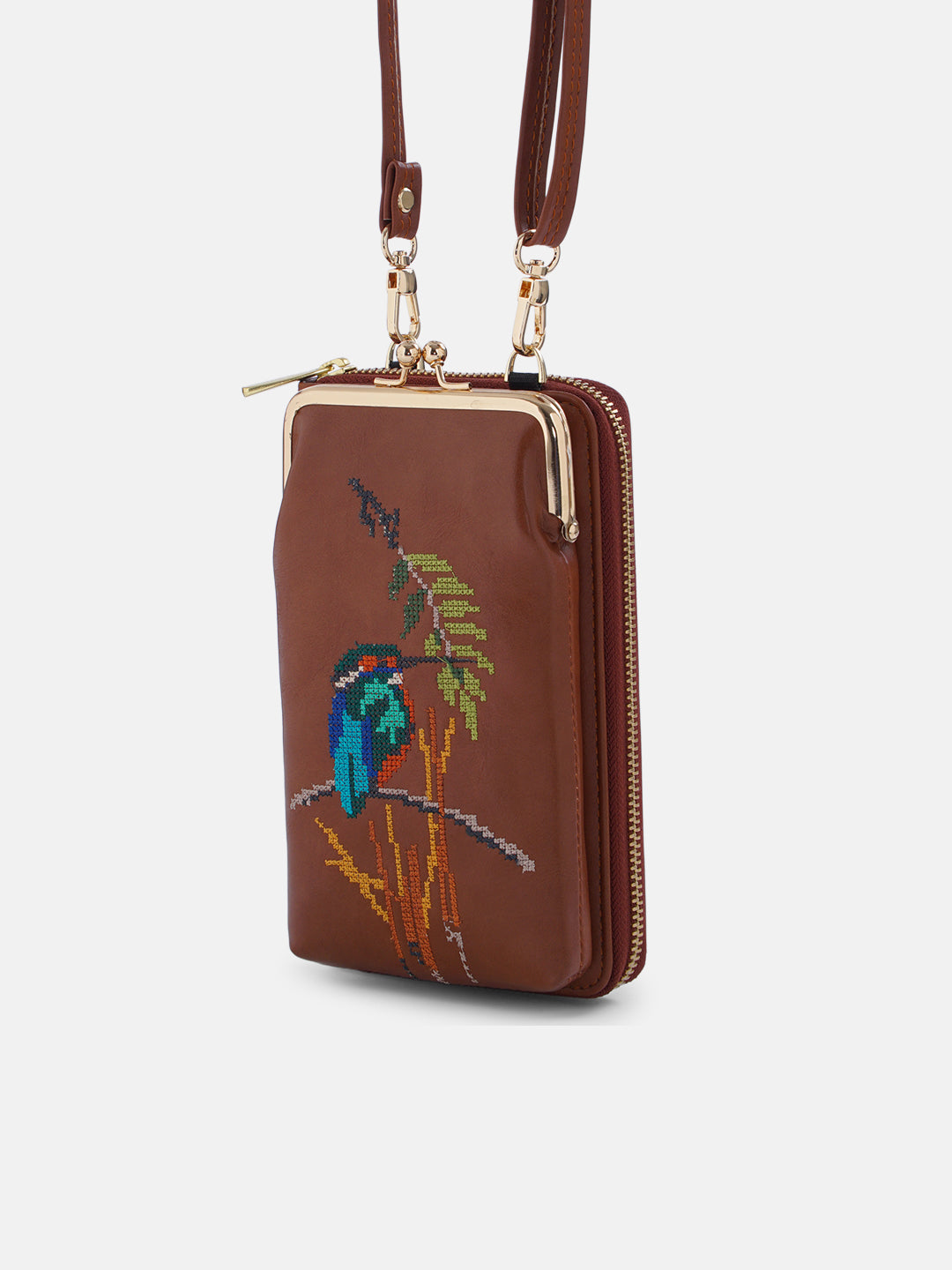 Emerald Perch Cross Stitched Mobile Wallet Sling - Tan