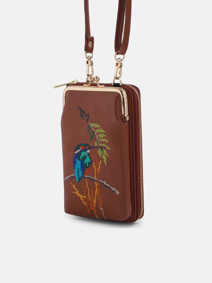 Emerald Perch Cross Stitched Mobile Wallet Sling - Tan