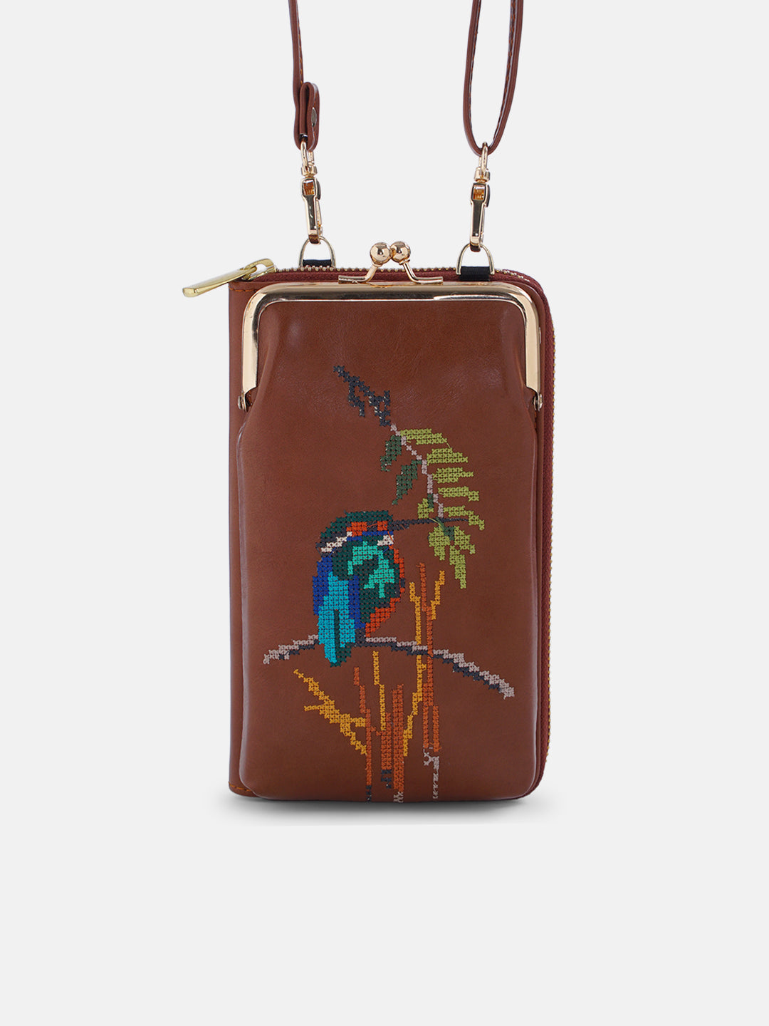 Emerald Perch Cross Stitched Mobile Wallet Sling - Tan
