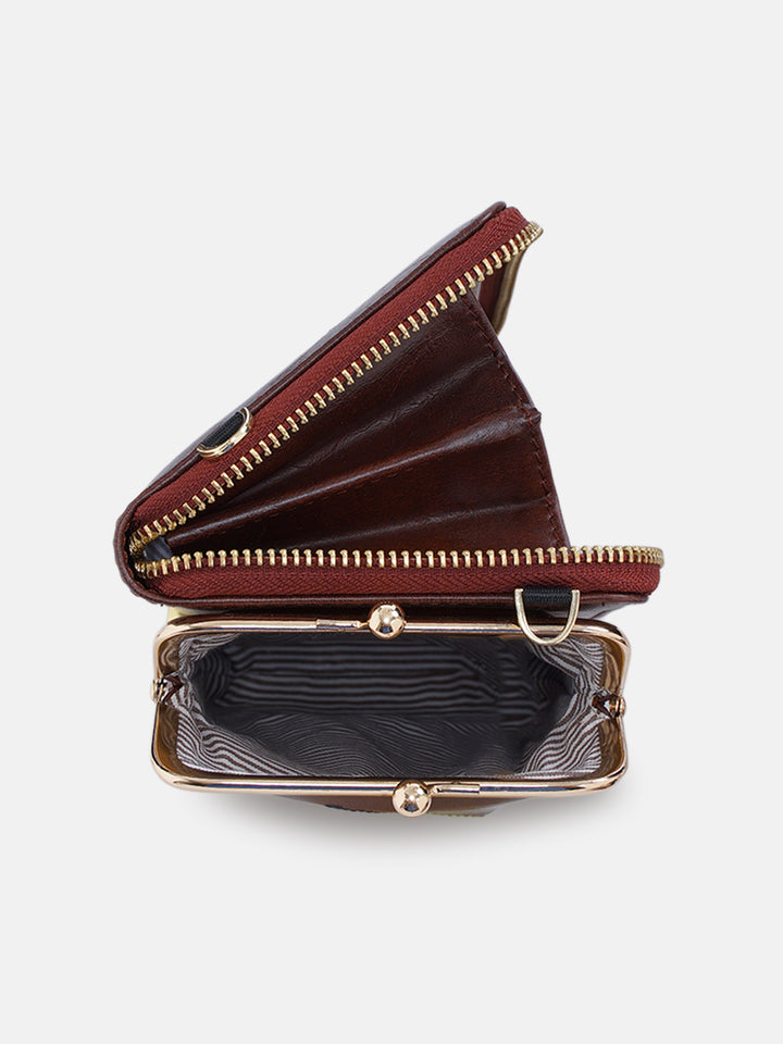 Emerald Perch Cross Stitched Mobile Wallet Sling - Brown