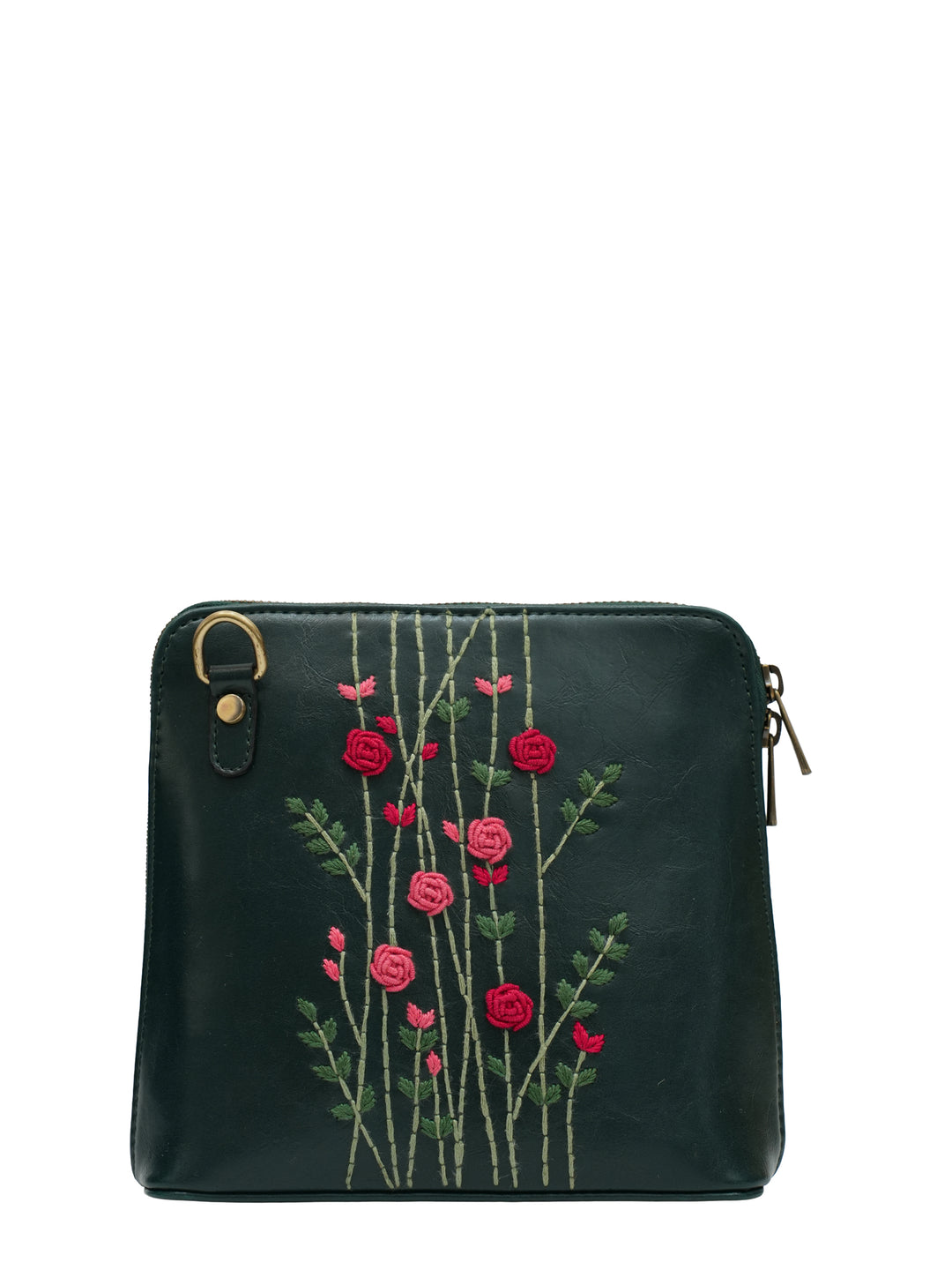 Red Rosebuds Hand Embroidered Colaba Sling - Green