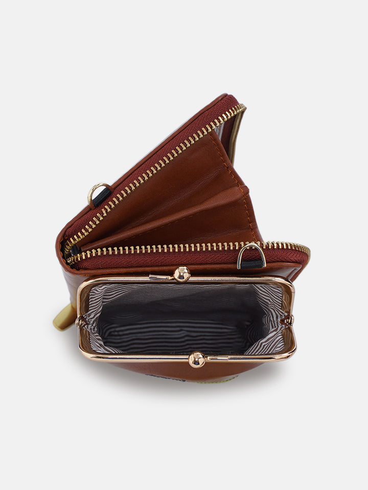 Emerald Perch Cross Stitched Mobile Wallet Sling - Tan