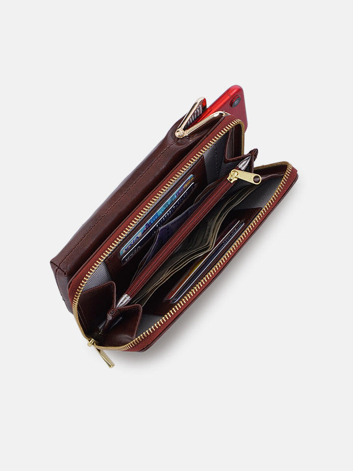 Emerald Perch Cross Stitched Mobile Wallet Sling - Brown