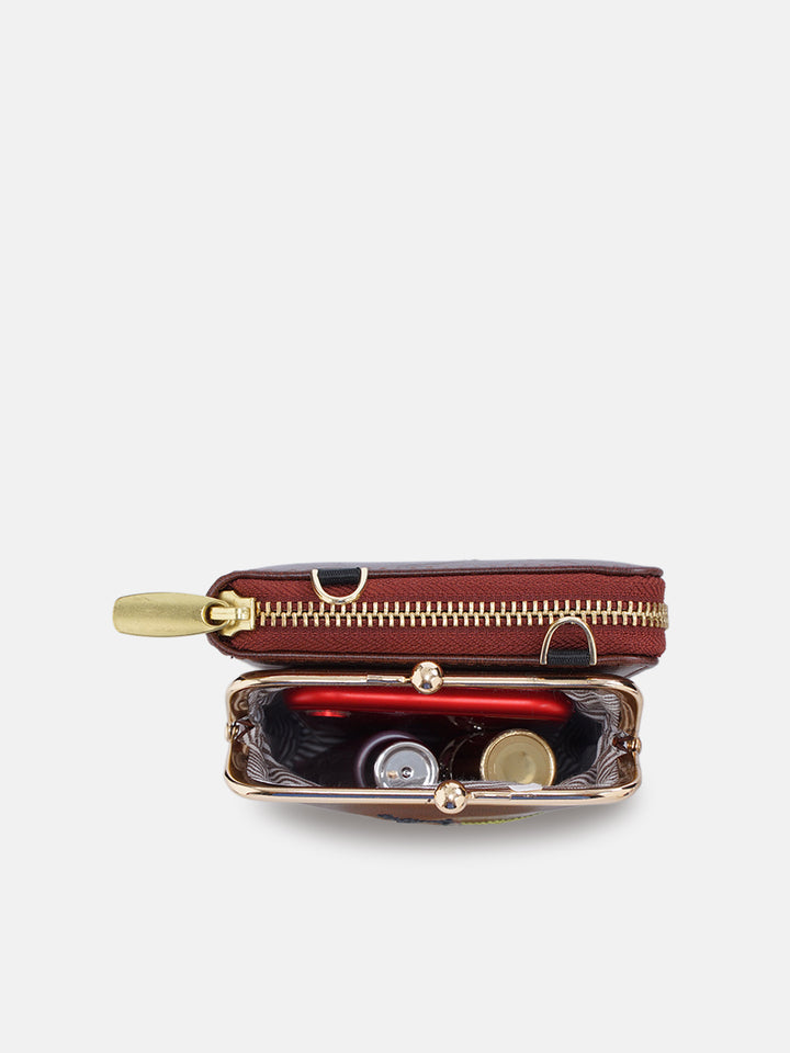 Emerald Perch Cross Stitched Mobile Wallet Sling - Brown