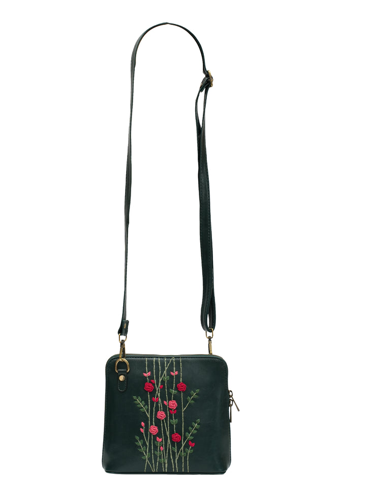 Red Rosebuds Hand Embroidered Colaba Sling - Green