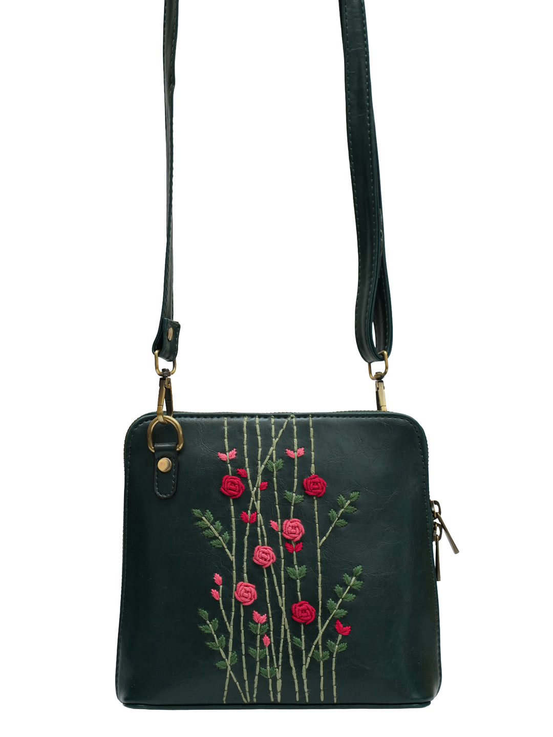 Red Rosebuds Hand Embroidered Colaba Sling - Green