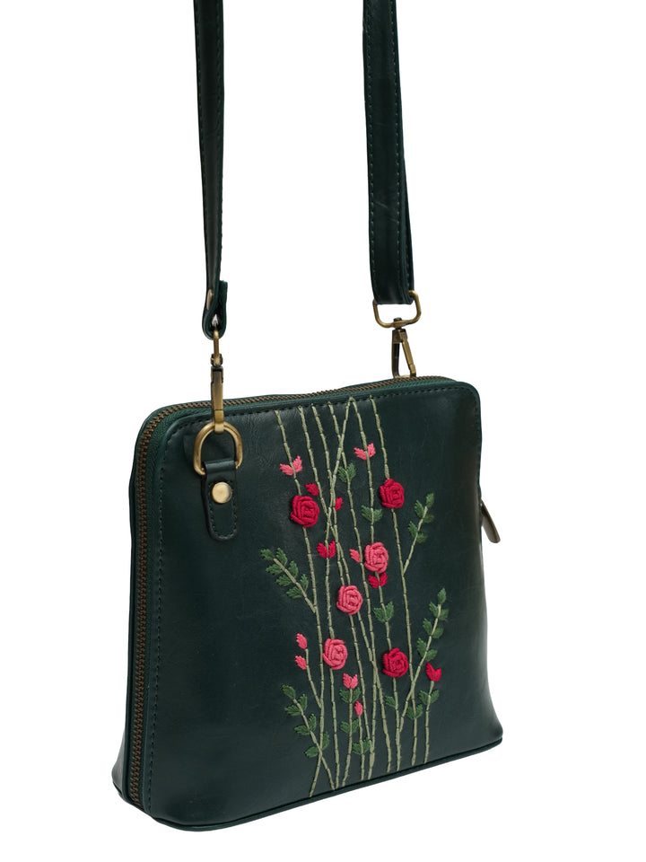 Red Rosebuds Hand Embroidered Colaba Sling - Green