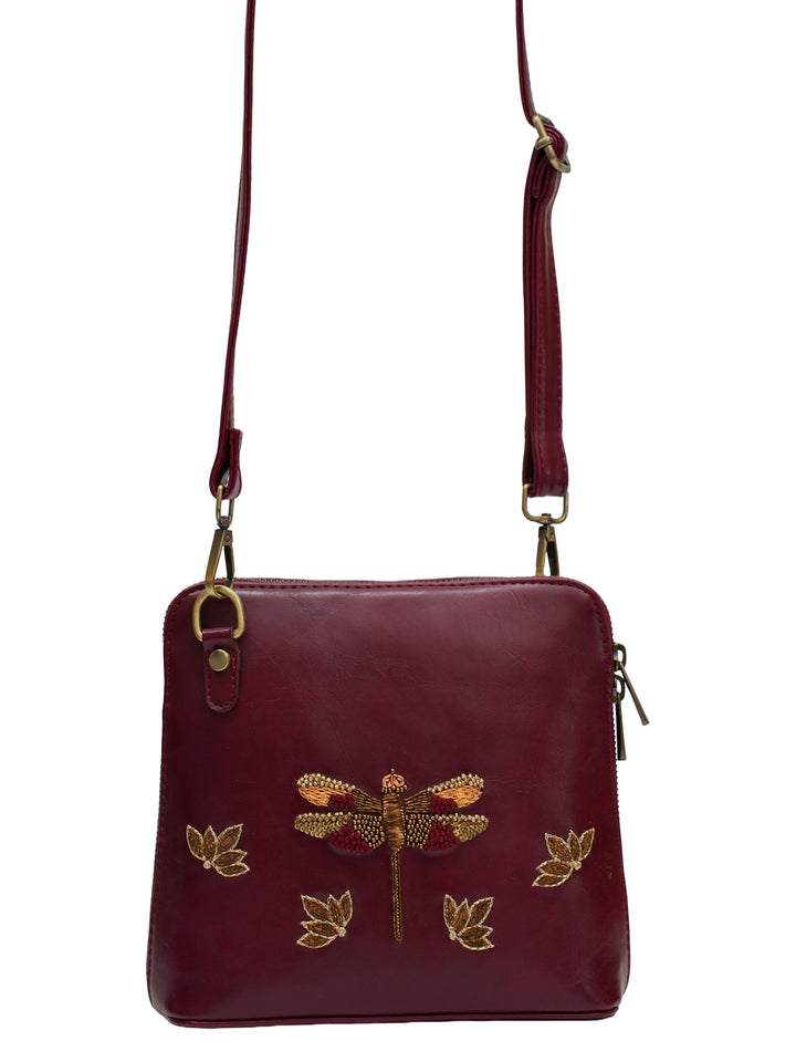 Dragonfly Hand Embroidered Colaba Sling - Maroon