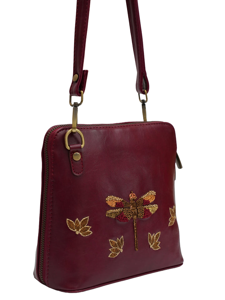 Dragonfly Hand Embroidered Colaba Sling - Maroon