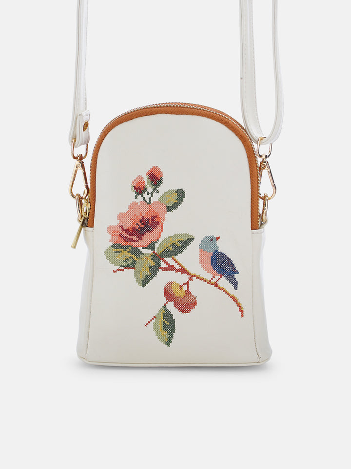 Morning Melody Cross Stitched Jodi Pouch Sling - White